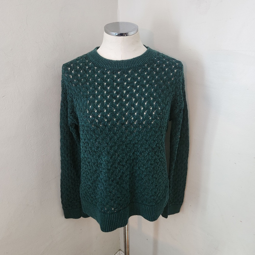 Ann Taylor LOFT Womens Forest Green Pointelle Open Knit Pullover Sweater Size M